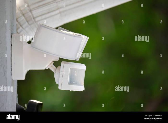 Motion sensor with light detector mounted on exterior wall of private ... Motion sensor with light detector mounted on exterior wall of private ...